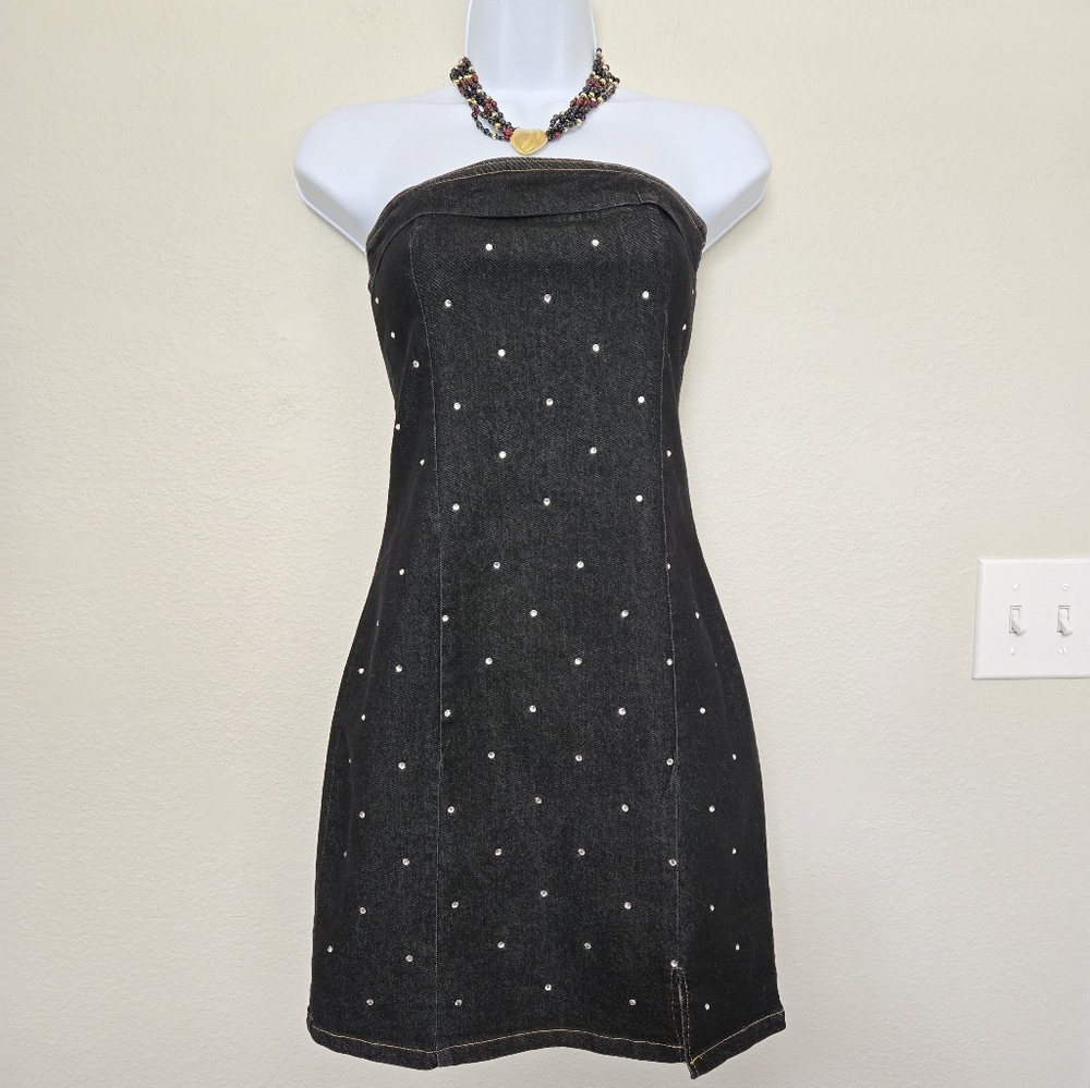 Strapless Bodycon Denim Mini Dress With Rhinestones Size Small